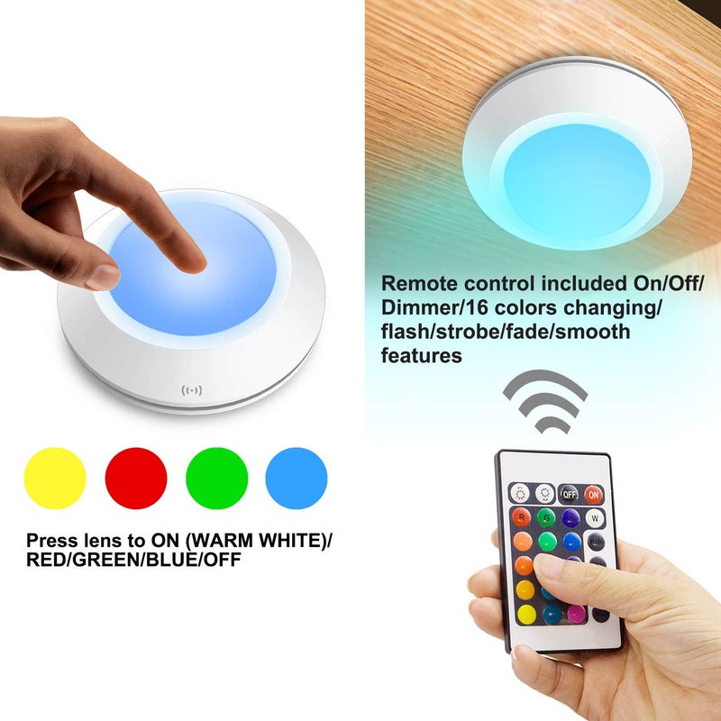 HONWELL Push Lights, LED Puck Lights with Remote, Battery Operated Under Cabinet Lighting,Cordless RGB Color Changing Touch Fairy Light with Dimmer, Stick on Light for Closet Classroom Shelf - Image 2